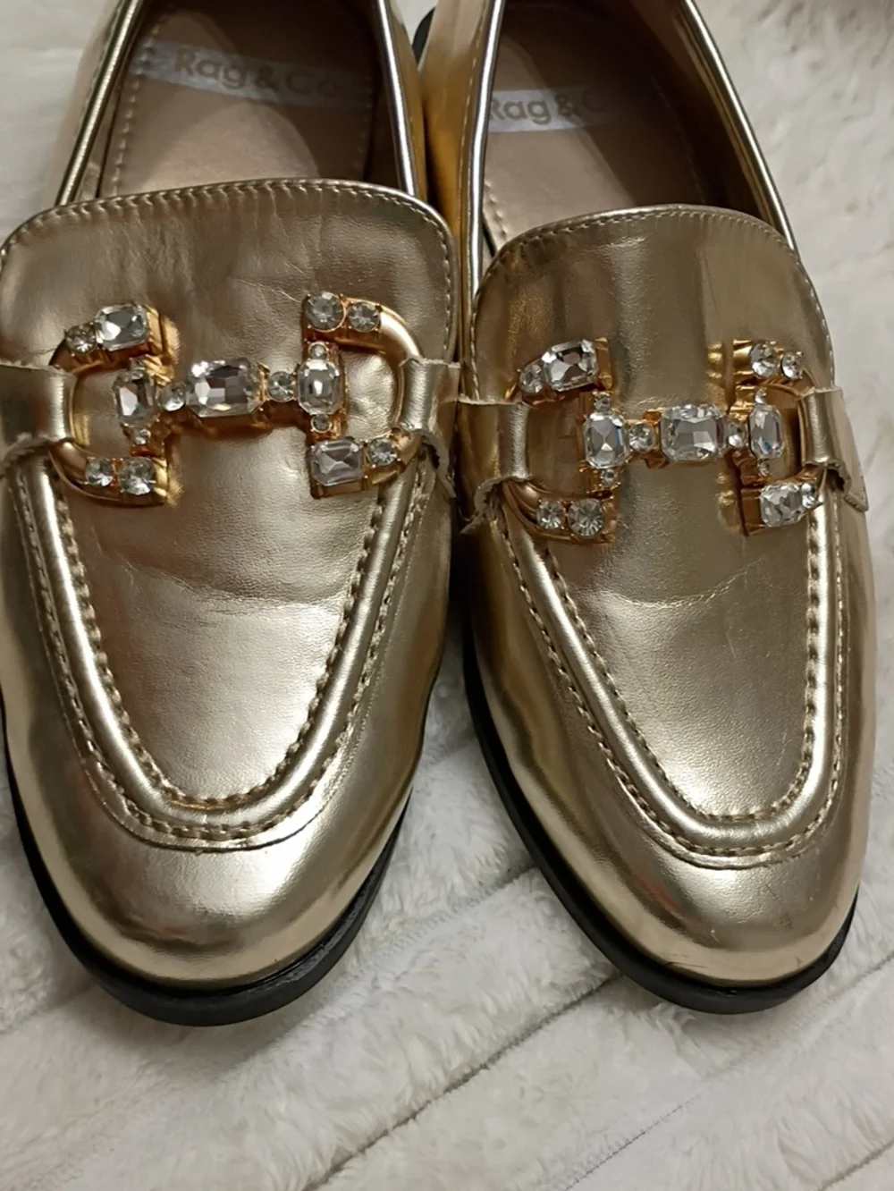 New Rag & Co Women's Metallic Gold Dendron Diamante Loafers with Crystal Accents